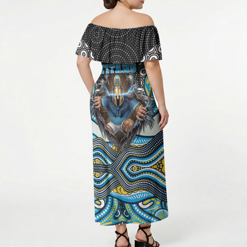 Gold Coast Titans Off Shoulder Maxi Dress The Scream of Lightning Eyes - Indigenous Dot Ripping Effect