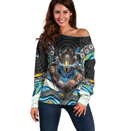 Gold Coast Titans Off Shoulder Sweater The Scream of Lightning Eyes - Indigenous Dot Ripping Effect