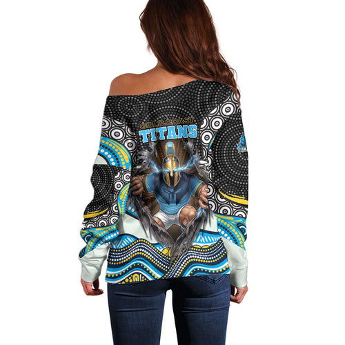 Gold Coast Titans Off Shoulder Sweater The Scream of Lightning Eyes - Indigenous Dot Ripping Effect