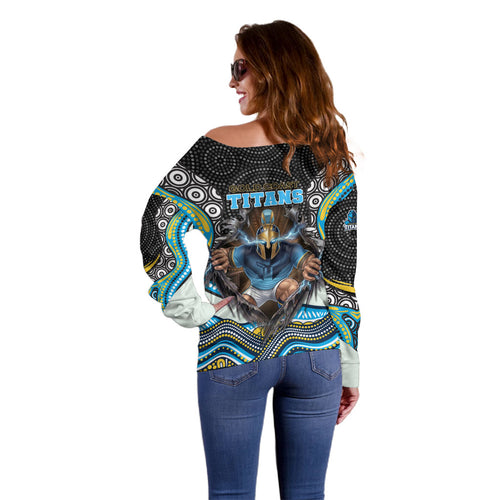 Gold Coast Titans Off Shoulder Sweater The Scream of Lightning Eyes - Indigenous Dot Ripping Effect