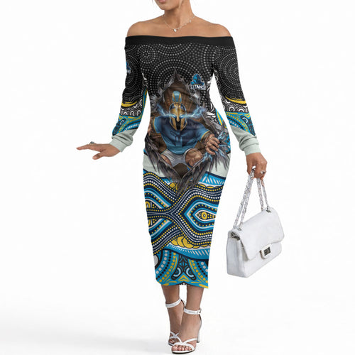 Gold Coast Titans Off The Shoulder Long Sleeve Dress The Scream of Lightning Eyes - Indigenous Dot Ripping Effect