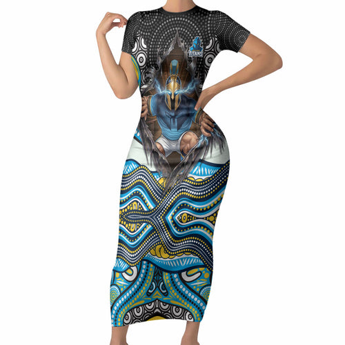 Gold Coast Titans Short Sleeve Bodycon Dress The Scream of Lightning Eyes - Indigenous Dot Ripping Effect