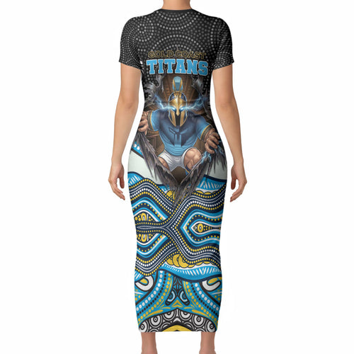 Gold Coast Titans Short Sleeve Bodycon Dress The Scream of Lightning Eyes - Indigenous Dot Ripping Effect