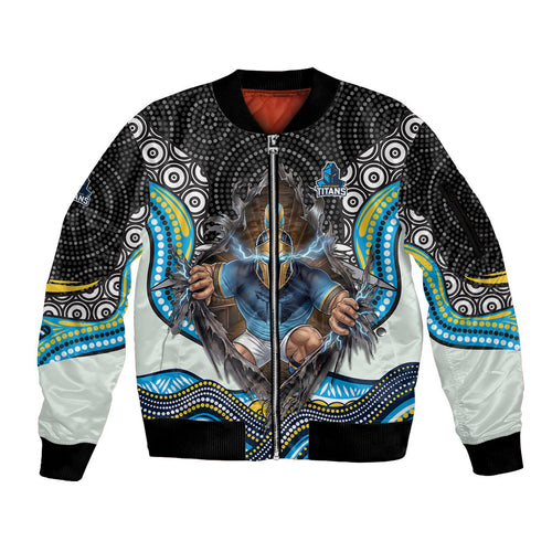 Gold Coast Titans Sleeve Zip Bomber Jacket The Scream of Lightning Eyes - Indigenous Dot Ripping Effect