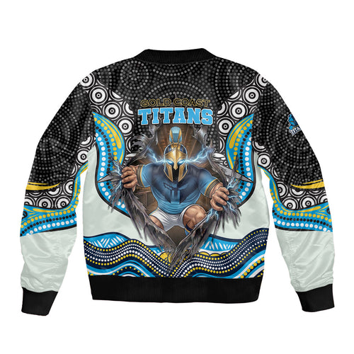 Gold Coast Titans Sleeve Zip Bomber Jacket The Scream of Lightning Eyes - Indigenous Dot Ripping Effect