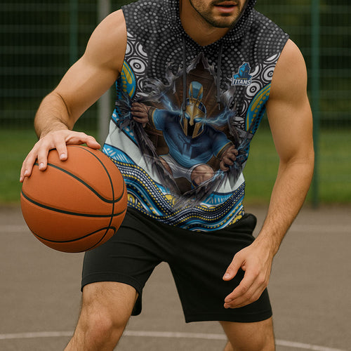 Gold Coast Titans Sleeveless Hoodie The Scream of Lightning Eyes - Indigenous Dot Ripping Effect