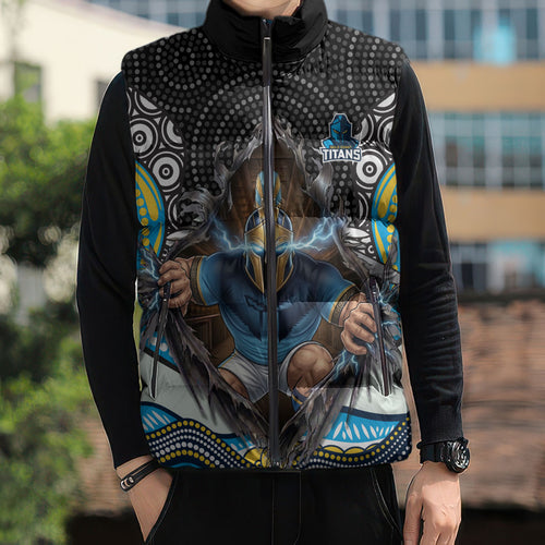 Gold Coast Titans Sleeveless Puffer Jacket The Scream of Lightning Eyes - Indigenous Dot Ripping Effect