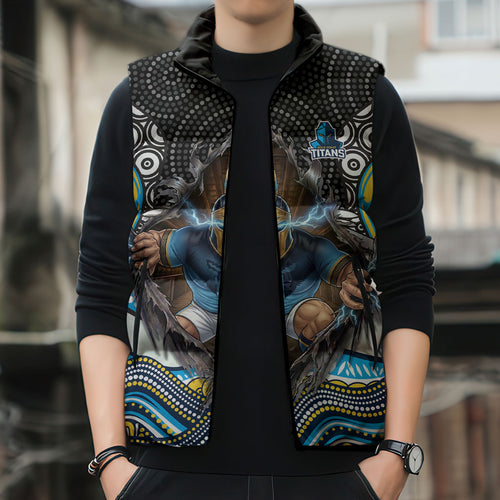 Gold Coast Titans Sleeveless Puffer Jacket The Scream of Lightning Eyes - Indigenous Dot Ripping Effect