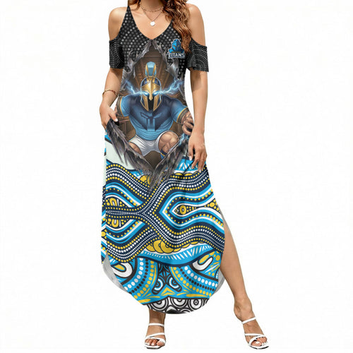 Gold Coast Titans Summer Maxi Dress The Scream of Lightning Eyes - Indigenous Dot Ripping Effect