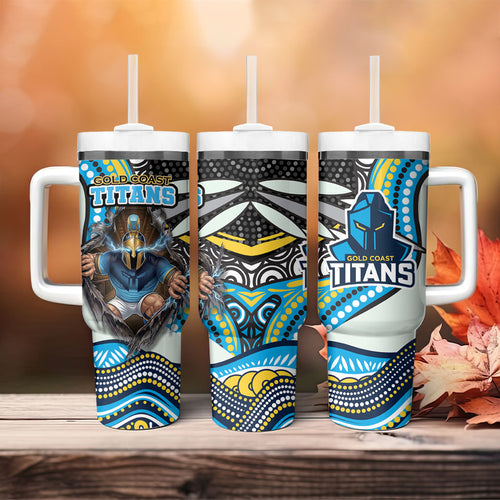 Gold Coast Titans Tumbler With Handle The Scream of Lightning Eyes - Indigenous Dot Ripping Effect