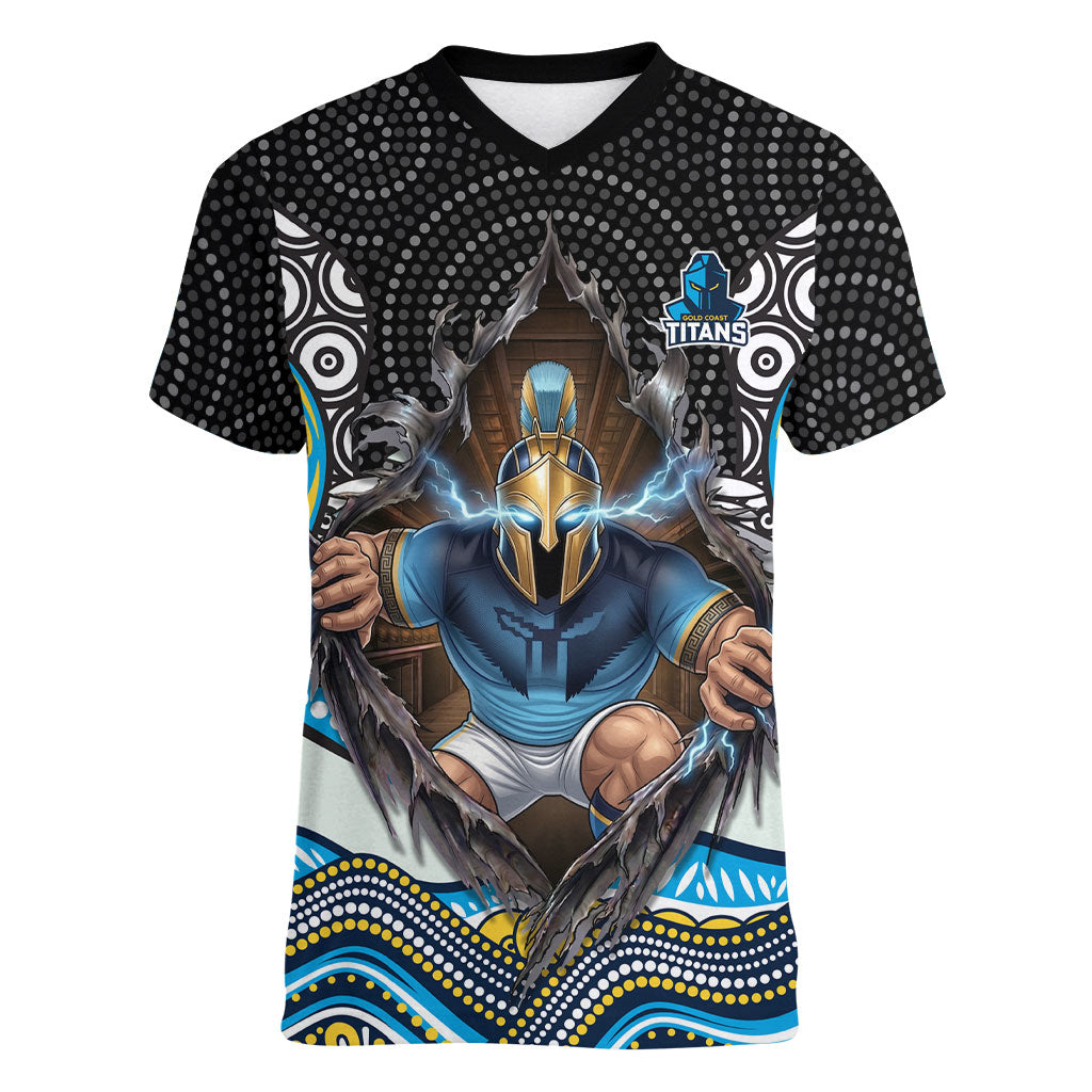 Gold Coast Titans Women V-Neck T-Shirt The Scream of Lightning Eyes - Indigenous Dot Ripping Effect