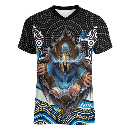Gold Coast Titans Women V-Neck T-Shirt The Scream of Lightning Eyes - Indigenous Dot Ripping Effect