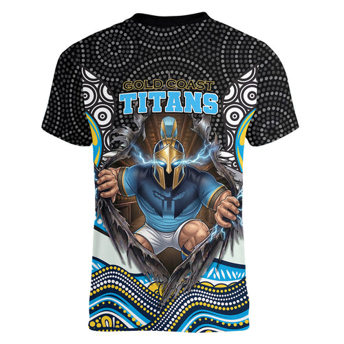 Gold Coast Titans Women V-Neck T-Shirt The Scream of Lightning Eyes - Indigenous Dot Ripping Effect