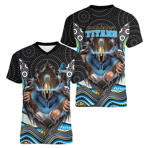 Gold Coast Titans Women V-Neck T-Shirt The Scream of Lightning Eyes - Indigenous Dot Ripping Effect