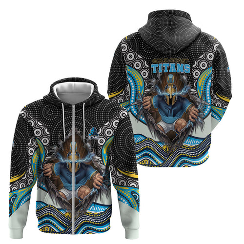 Gold Coast Titans Zip Hoodie The Scream of Lightning Eyes - Indigenous Dot Ripping Effect