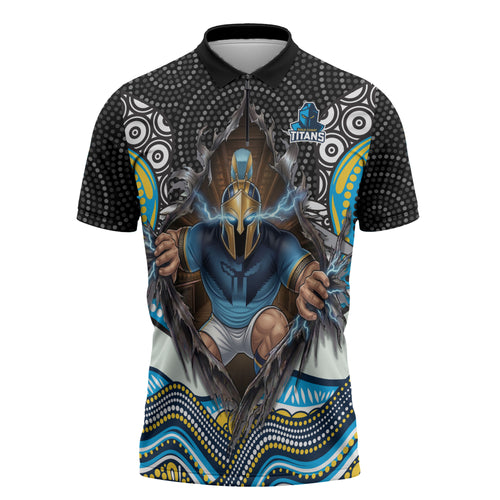 Gold Coast Titans Zipper Polo Shirt The Scream of Lightning Eyes - Indigenous Dot Ripping Effect