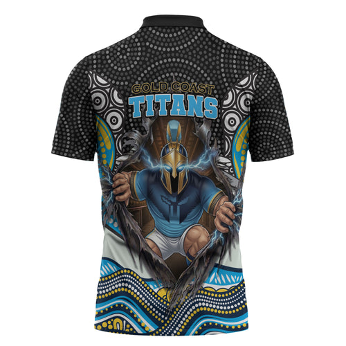 Gold Coast Titans Zipper Polo Shirt The Scream of Lightning Eyes - Indigenous Dot Ripping Effect