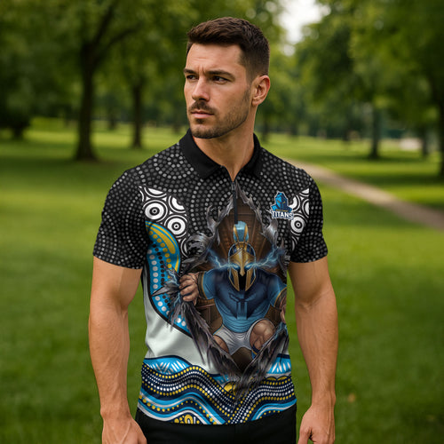 Gold Coast Titans Zipper Polo Shirt The Scream of Lightning Eyes - Indigenous Dot Ripping Effect