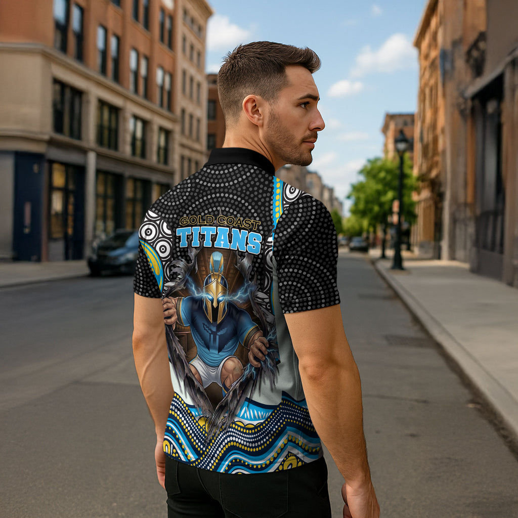Gold Coast Titans Zipper Polo Shirt The Scream of Lightning Eyes - Indigenous Dot Ripping Effect