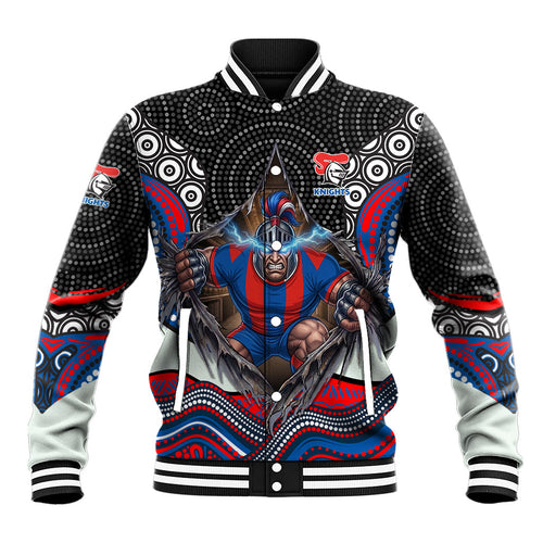 Newcastle Knights Baseball Jacket The Scream of Lightning Eyes - Indigenous Dot Ripping Effect
