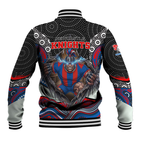 Newcastle Knights Baseball Jacket The Scream of Lightning Eyes - Indigenous Dot Ripping Effect