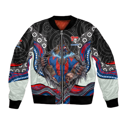 Newcastle Knights Bomber Jacket The Scream of Lightning Eyes - Indigenous Dot Ripping Effect