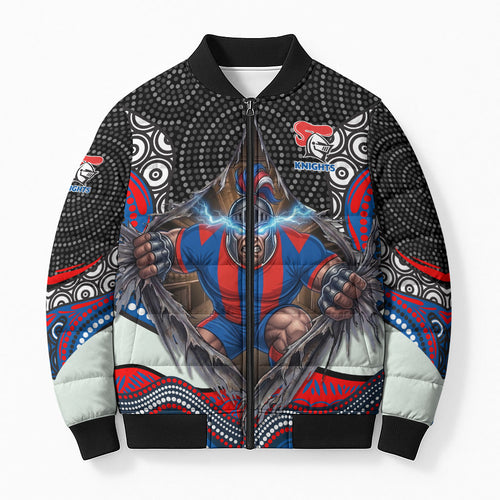 Newcastle Knights Bomber Puffer Jacket The Scream of Lightning Eyes - Indigenous Dot Ripping Effect