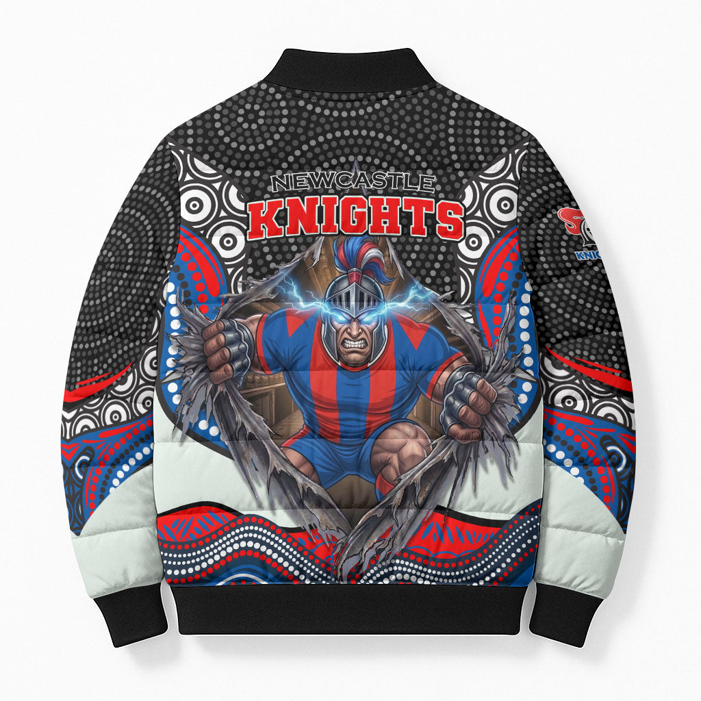 Newcastle Knights Bomber Puffer Jacket The Scream of Lightning Eyes - Indigenous Dot Ripping Effect