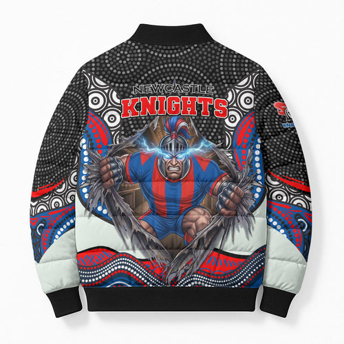 Newcastle Knights Bomber Puffer Jacket The Scream of Lightning Eyes - Indigenous Dot Ripping Effect