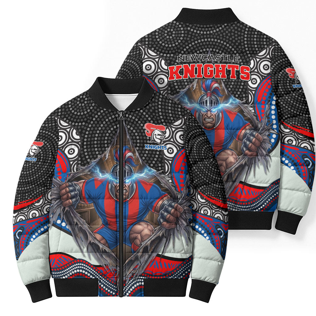 Newcastle Knights Bomber Puffer Jacket The Scream of Lightning Eyes - Indigenous Dot Ripping Effect