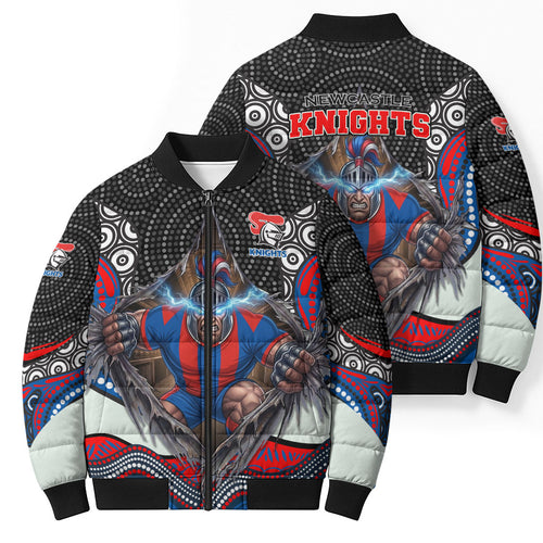 Newcastle Knights Bomber Puffer Jacket The Scream of Lightning Eyes - Indigenous Dot Ripping Effect
