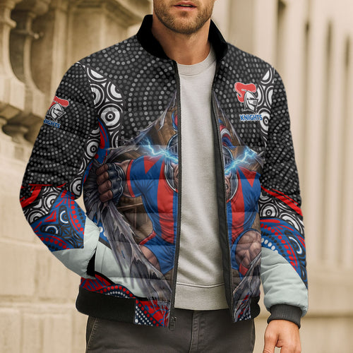 Newcastle Knights Bomber Puffer Jacket The Scream of Lightning Eyes - Indigenous Dot Ripping Effect