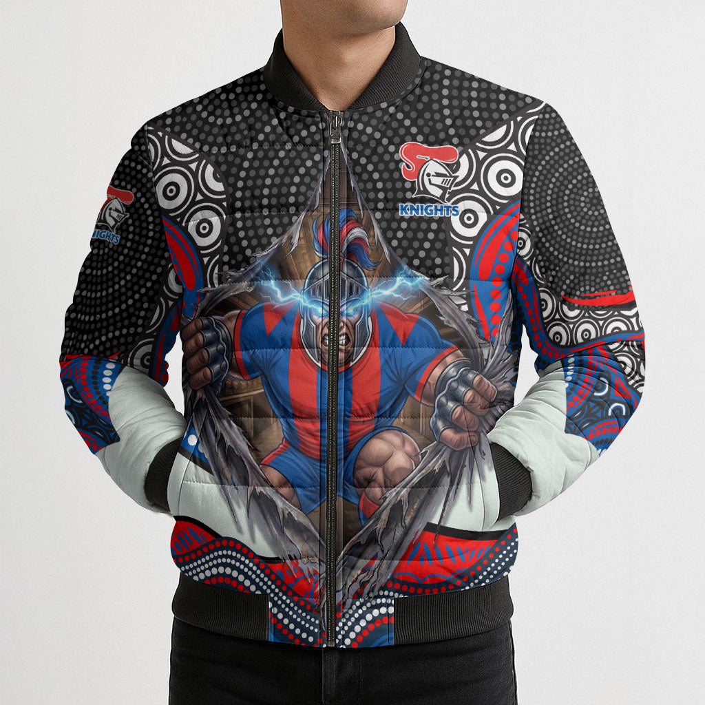 Newcastle Knights Bomber Puffer Jacket The Scream of Lightning Eyes - Indigenous Dot Ripping Effect