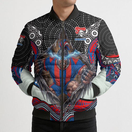 Newcastle Knights Bomber Puffer Jacket The Scream of Lightning Eyes - Indigenous Dot Ripping Effect
