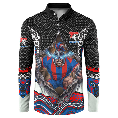 Newcastle Knights Button Sweatshirt The Scream of Lightning Eyes - Indigenous Dot Ripping Effect