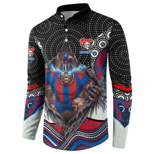 Newcastle Knights Button Sweatshirt The Scream of Lightning Eyes - Indigenous Dot Ripping Effect