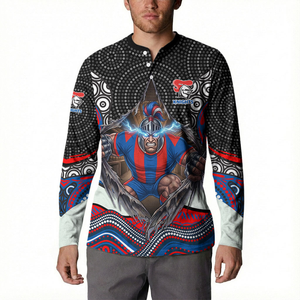 Newcastle Knights Button Sweatshirt The Scream of Lightning Eyes - Indigenous Dot Ripping Effect