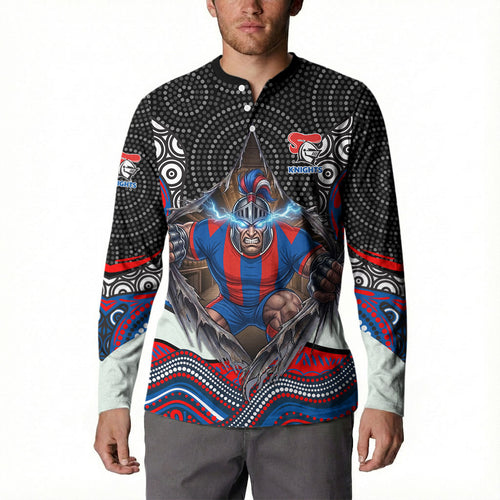 Newcastle Knights Button Sweatshirt The Scream of Lightning Eyes - Indigenous Dot Ripping Effect