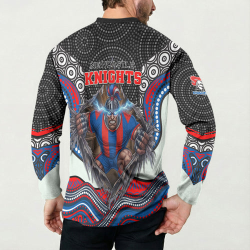 Newcastle Knights Button Sweatshirt The Scream of Lightning Eyes - Indigenous Dot Ripping Effect