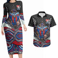 Newcastle Knights Couples Matching Long Sleeve Bodycon Dress and Hawaiian Shirt The Scream of Lightning Eyes - Indigenous Dot Ripping Effect