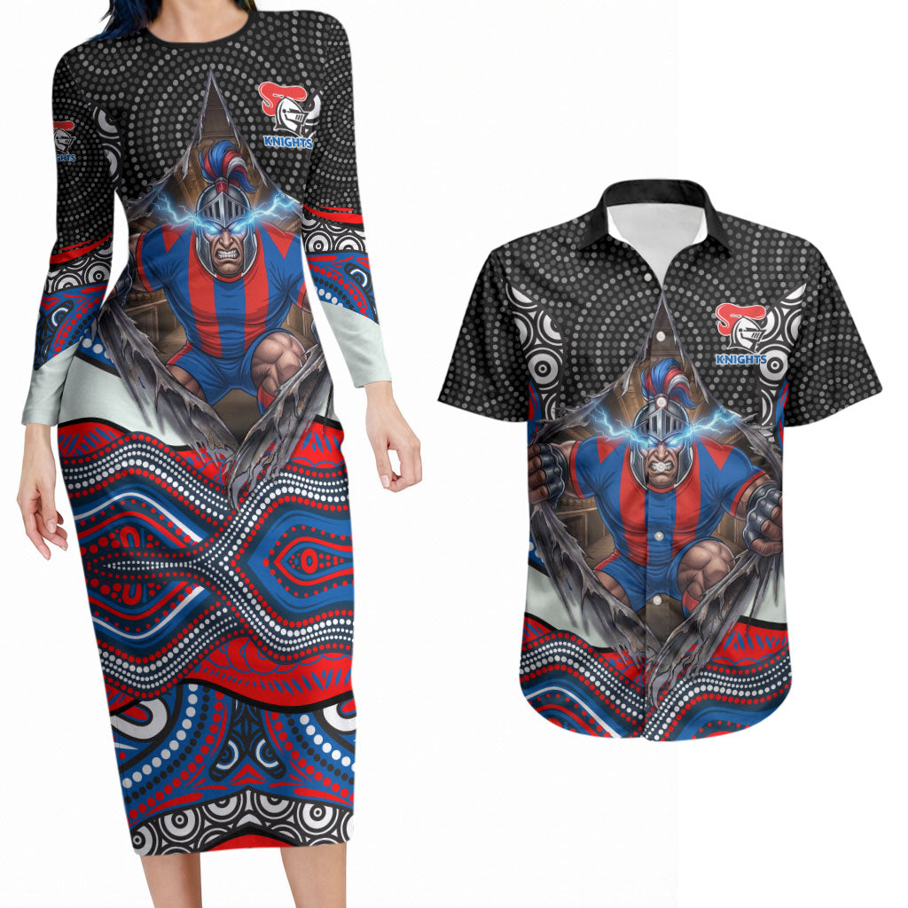 Newcastle Knights Couples Matching Long Sleeve Bodycon Dress and Hawaiian Shirt The Scream of Lightning Eyes - Indigenous Dot Ripping Effect