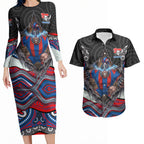 Newcastle Knights Couples Matching Long Sleeve Bodycon Dress and Hawaiian Shirt The Scream of Lightning Eyes - Indigenous Dot Ripping Effect