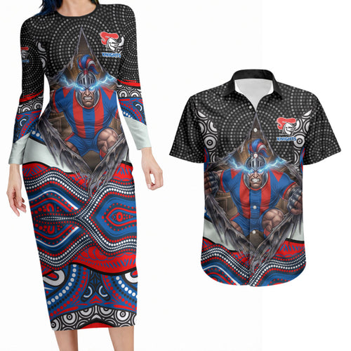 Newcastle Knights Couples Matching Long Sleeve Bodycon Dress and Hawaiian Shirt The Scream of Lightning Eyes - Indigenous Dot Ripping Effect