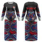 Newcastle Knights Couples Matching Long Sleeve Bodycon Dress and Hawaiian Shirt The Scream of Lightning Eyes - Indigenous Dot Ripping Effect