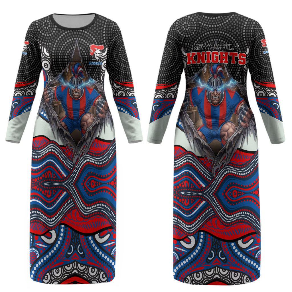 Newcastle Knights Couples Matching Long Sleeve Bodycon Dress and Hawaiian Shirt The Scream of Lightning Eyes - Indigenous Dot Ripping Effect