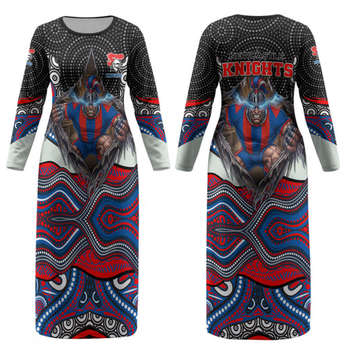 Newcastle Knights Couples Matching Long Sleeve Bodycon Dress and Hawaiian Shirt The Scream of Lightning Eyes - Indigenous Dot Ripping Effect