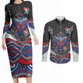 Newcastle Knights Couples Matching Long Sleeve Bodycon Dress and Long Sleeve Button Shirt The Scream of Lightning Eyes - Indigenous Dot Ripping Effect