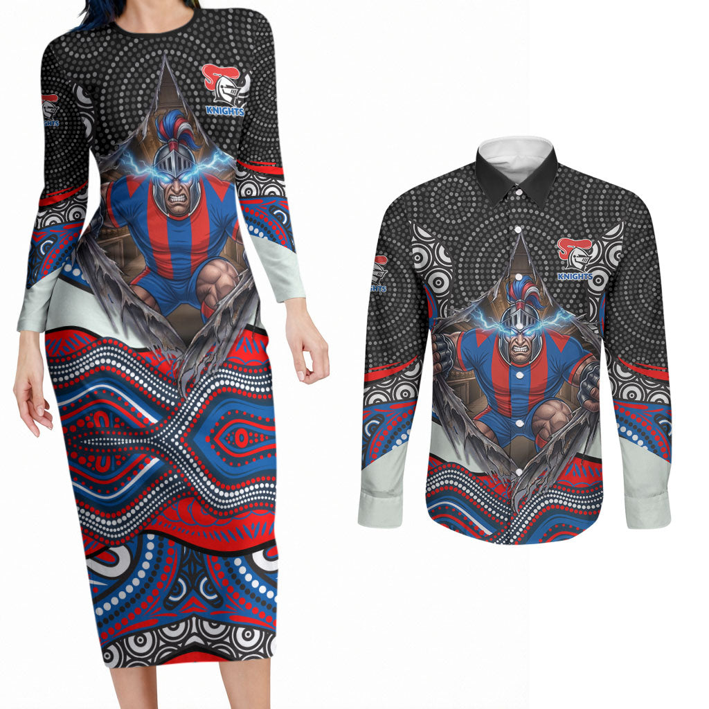 Newcastle Knights Couples Matching Long Sleeve Bodycon Dress and Long Sleeve Button Shirt The Scream of Lightning Eyes - Indigenous Dot Ripping Effect
