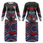 Newcastle Knights Couples Matching Long Sleeve Bodycon Dress and Long Sleeve Button Shirt The Scream of Lightning Eyes - Indigenous Dot Ripping Effect