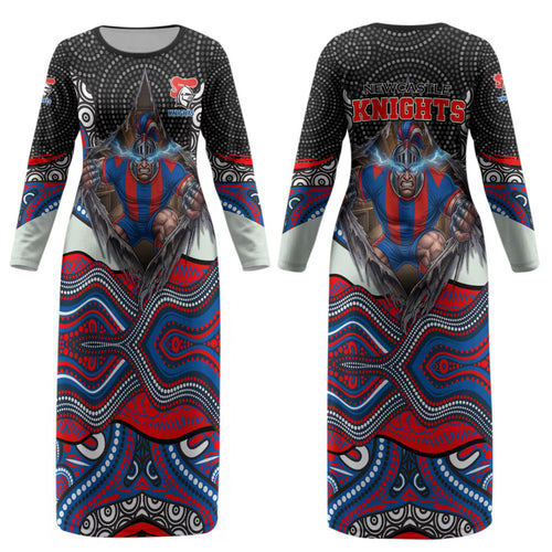 Newcastle Knights Couples Matching Long Sleeve Bodycon Dress and Long Sleeve Button Shirt The Scream of Lightning Eyes - Indigenous Dot Ripping Effect